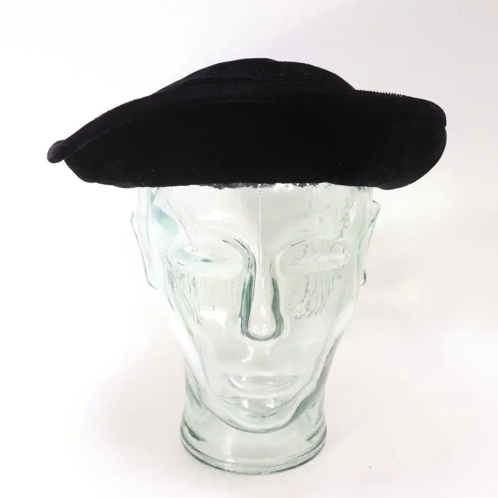 Vintage 50s Hat Cap Women M L Black Velvet Pleated Offset Saucer Evening Formal